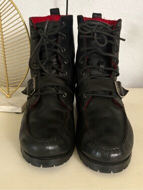 Polo Ralph Lauren Ranger Boots Mens 9.5D Black Leather Moc Toe Buckle Lace Up